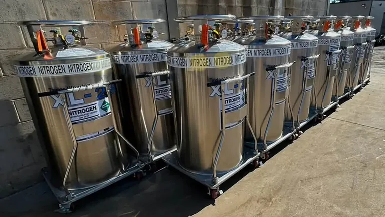 Row of Taylor-Wharton XL-2 liquid nitrogen dewars staged on wheeled carts at Northeast Gas & Ice — ready for bulk cryogenic delivery